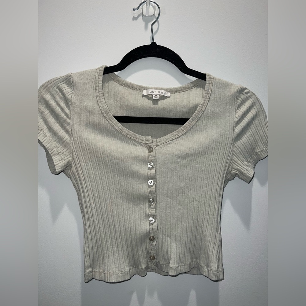 Love tree cropped ribbed button up shirt - seafoam green